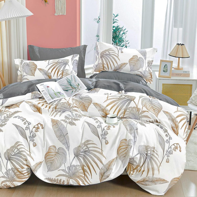 ALEISSEL Natural Cotton 3pcs Floral Comforter Sets Queen Size-Gray Comforter with Luxurious Brown Branches and Taupe & Gray Leaves on White, Reversible Lightweight Bedding Sets(Queen) - Image 1